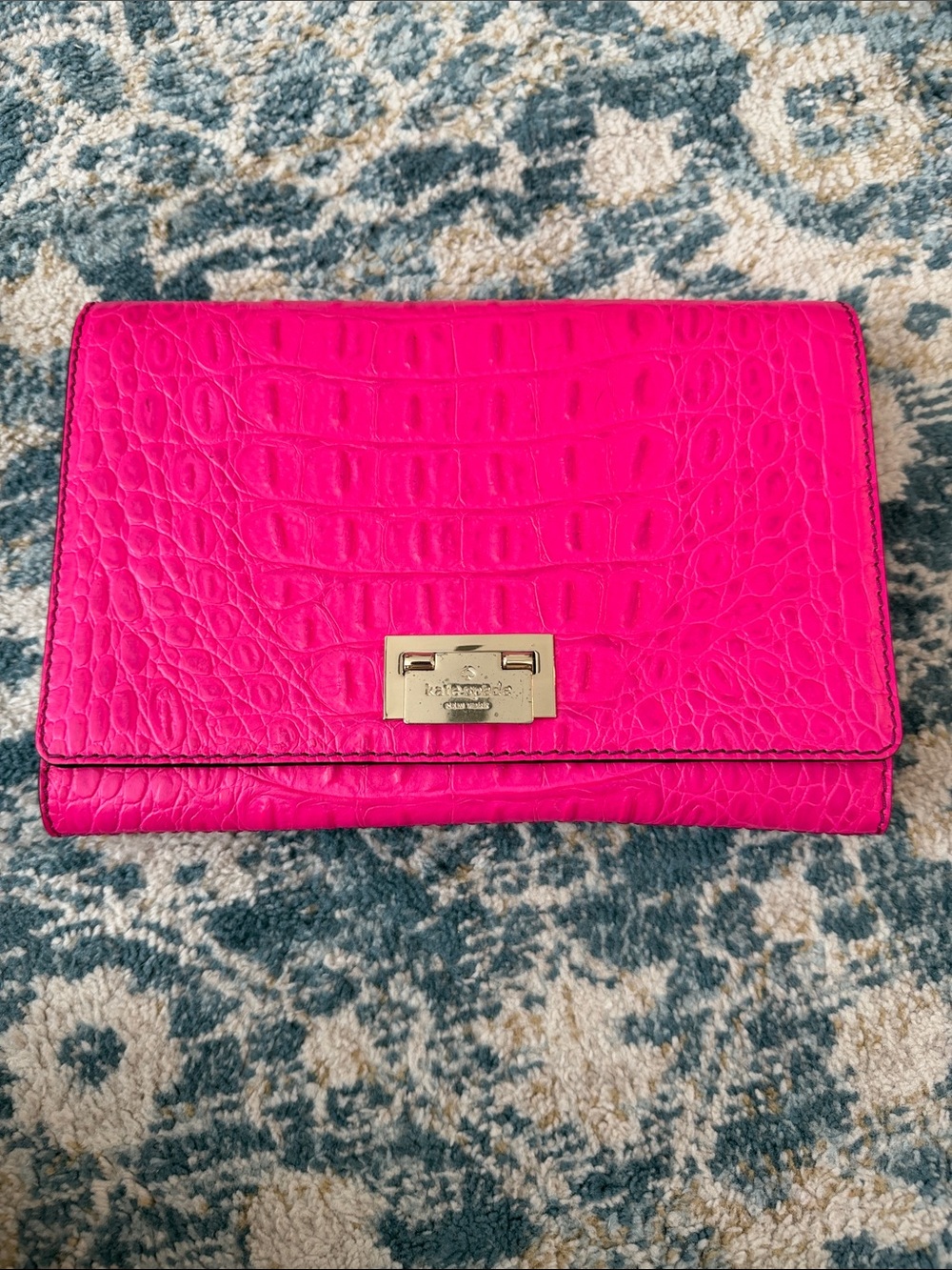 kate spade Bright Pink Croc-Embossed Clutch with Gold Hardware